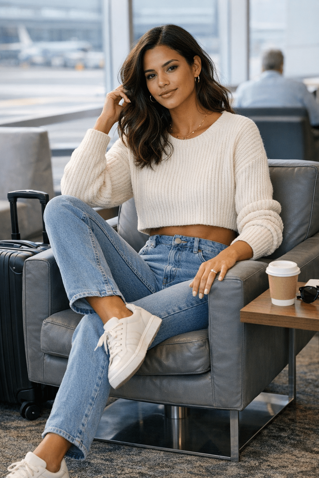 Cropped knit sweater paired with high-waist jeans, chic and comfy travel outfit ideas women will love Cropped knit sweater paired with high-waist jeans, chic and comfy travel outfit ideas women will love