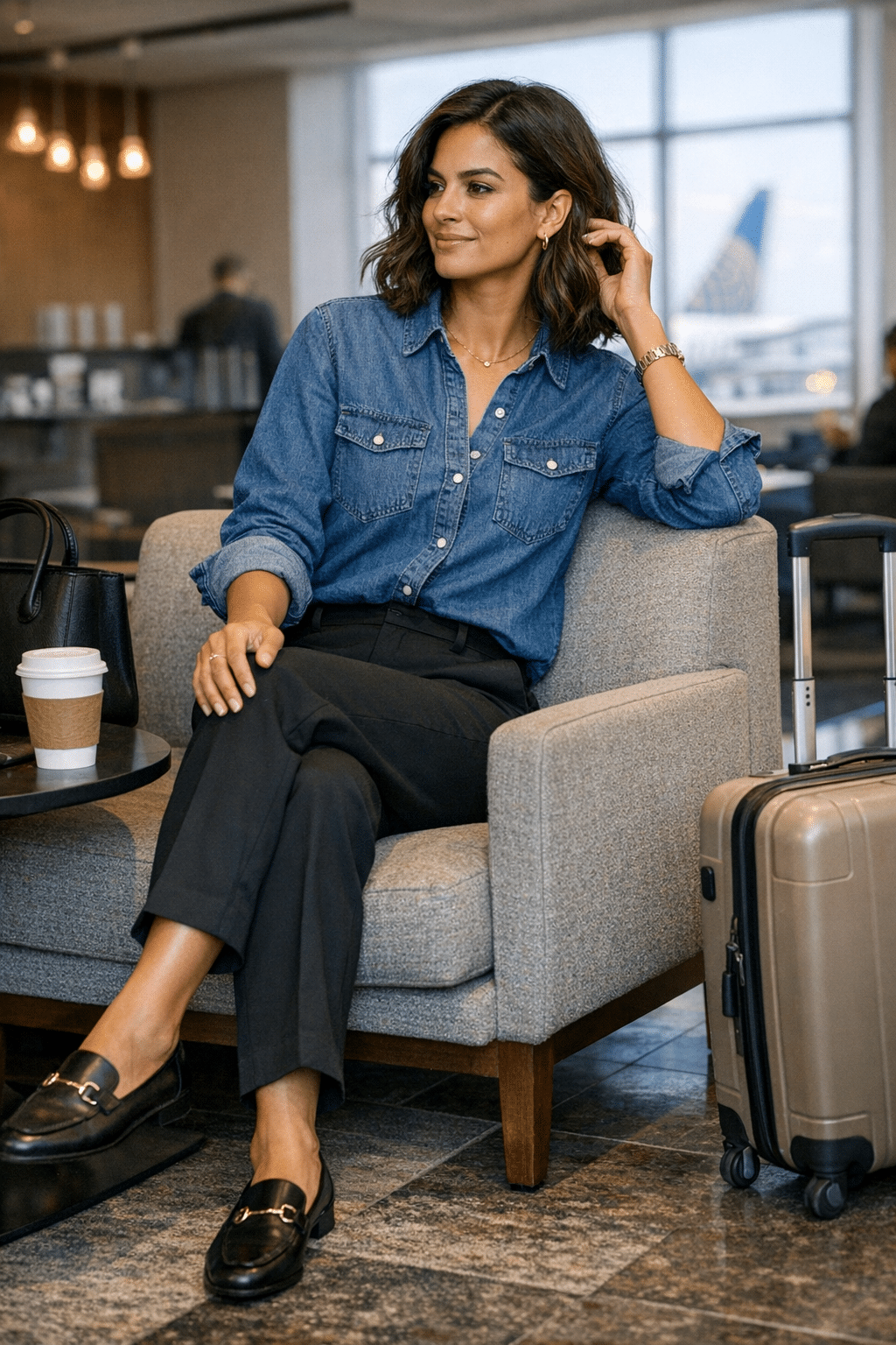 Denim shirt paired with black trousers, chic and comfy travel outfit ideas women love Denim shirt paired with black trousers, chic and comfy travel outfit ideas women love