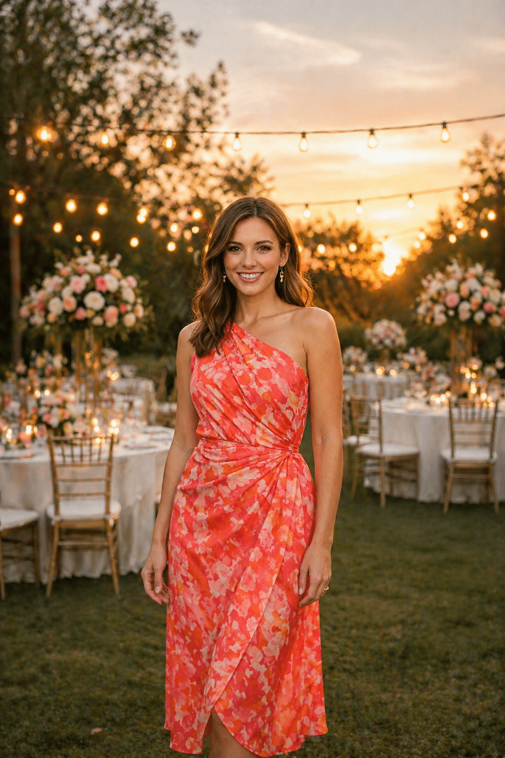 Chic wedding guest outfits summer featuring floral midi dress and pastel heels at outdoor ceremony