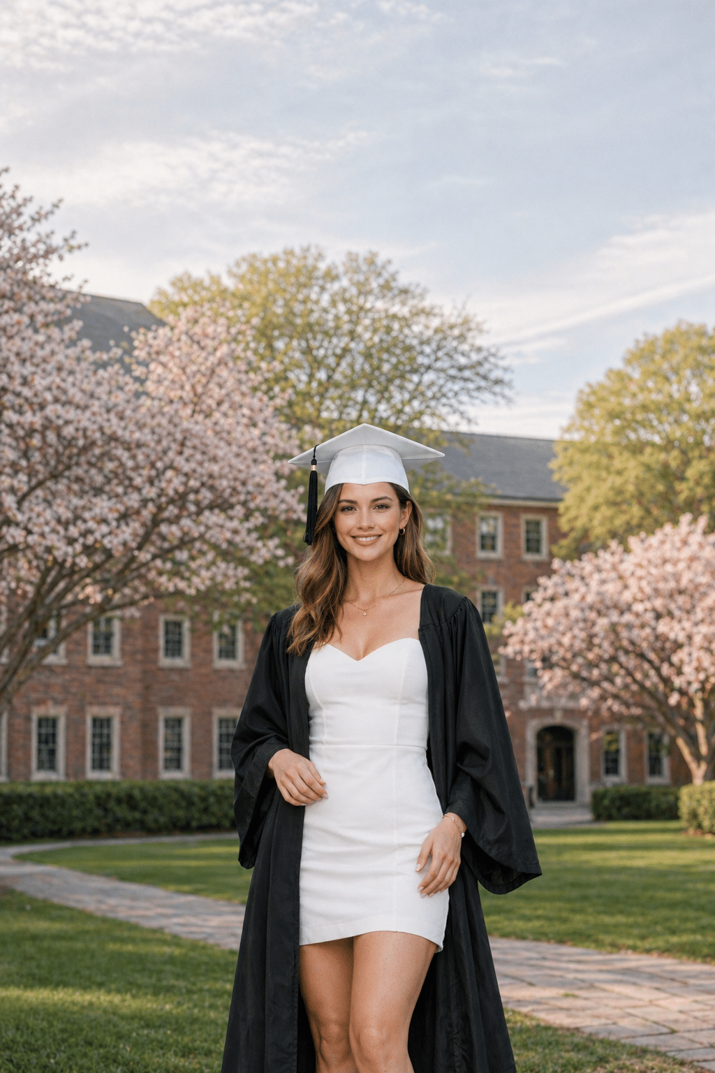 Chic graduation outfits for women featuring white dresses, heels, and stylish accessories for ceremony day