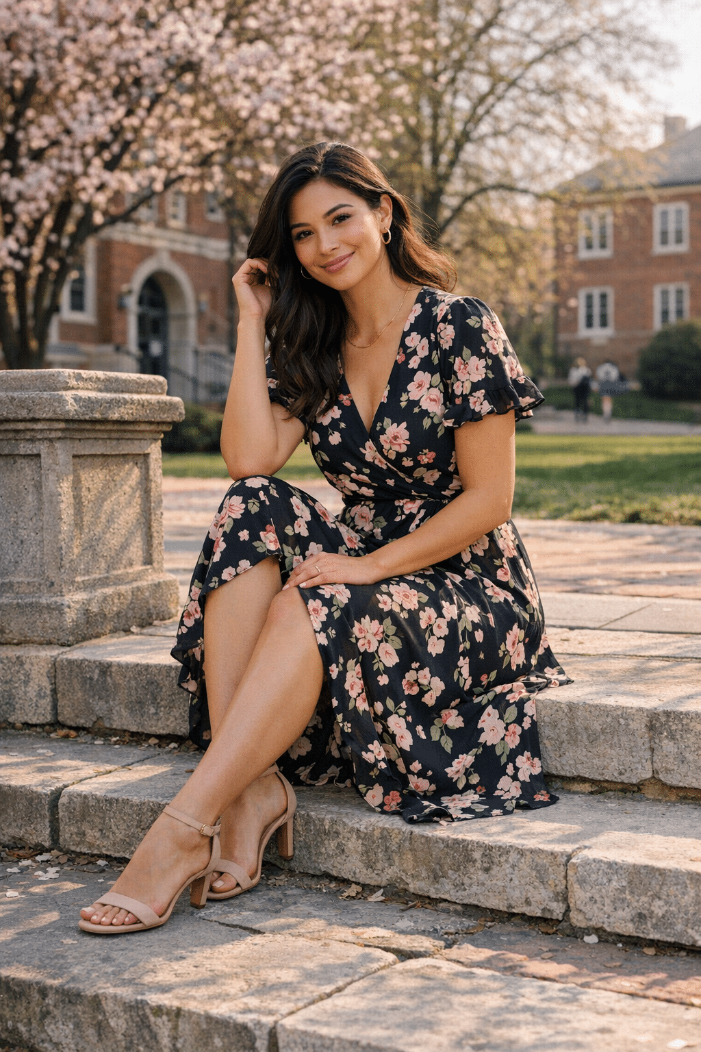 Floral wrap midi dress with flowy skirt, ideal for graduation outfits for women
