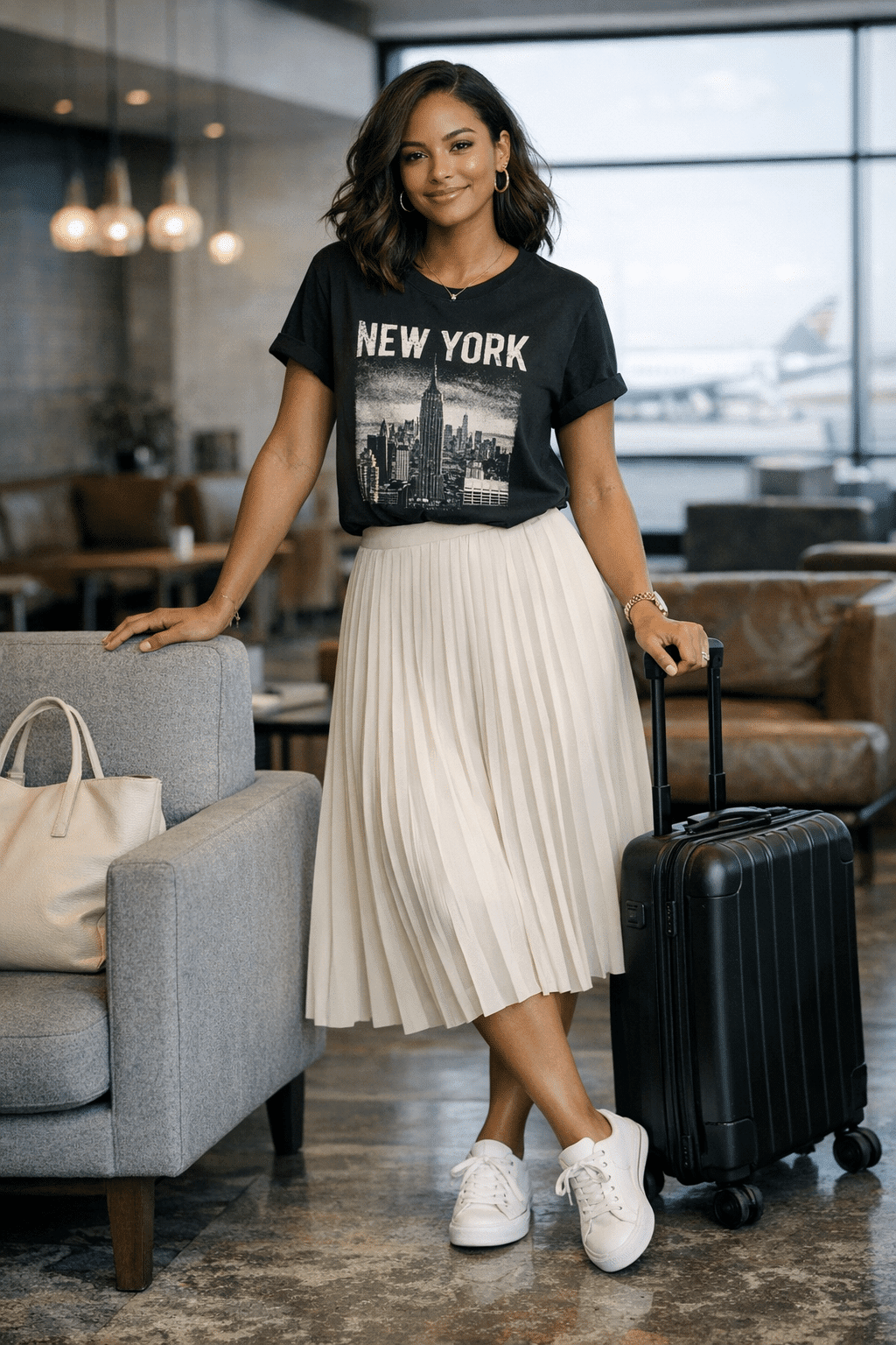 Graphic tee paired with pleated skirt, comfy chic travel outfit ideas women will love for city trips Graphic tee paired with pleated skirt, comfy chic travel outfit ideas women will love for city trips