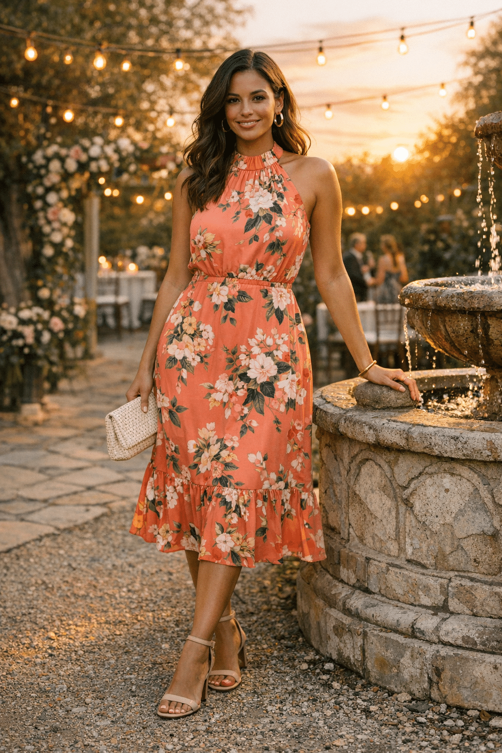 Halter-neck floral midi dress in sunset coral, perfect for wedding guest outfits summer Halter-neck floral midi dress in sunset coral, perfect for wedding guest outfits summer