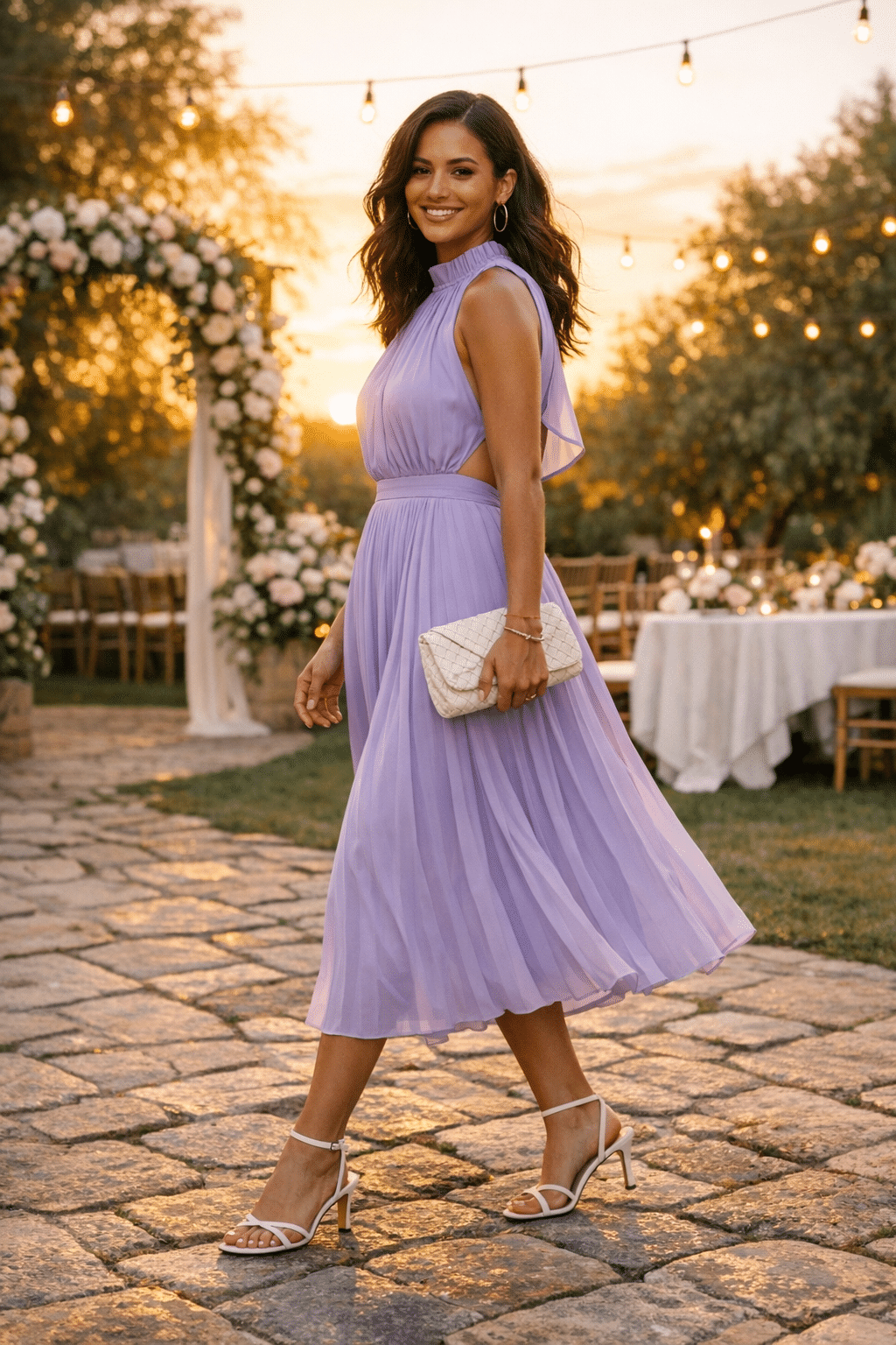 Lilac high-neck pleated midi dress with open back, perfect for wedding guest outfits summer Lilac high-neck pleated midi dress with open back, perfect for wedding guest outfits summer