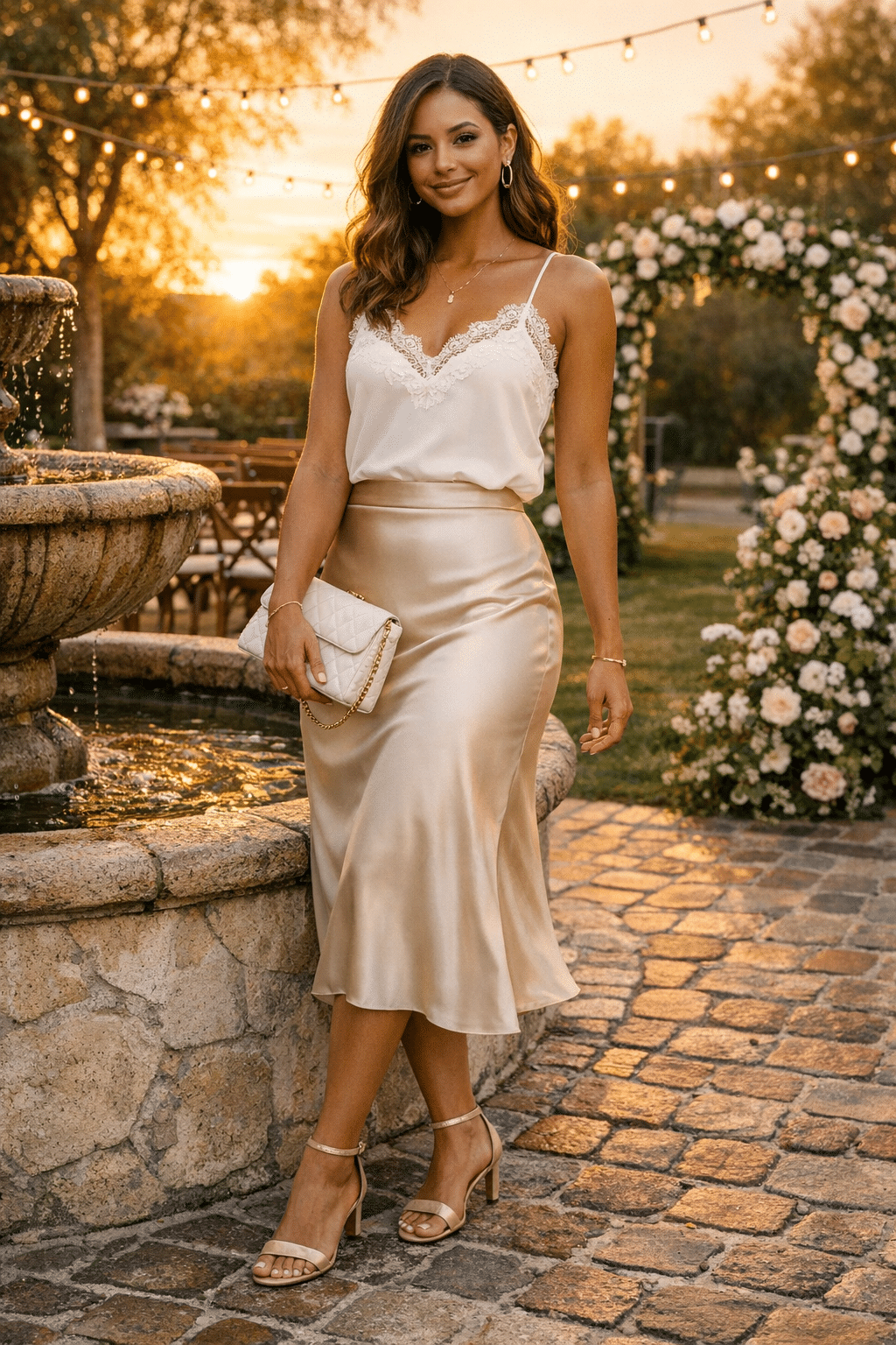 High-waisted satin skirt paired with lace camisole for elegant wedding guest outfits summer High-waisted satin skirt paired with lace camisole for elegant wedding guest outfits summer