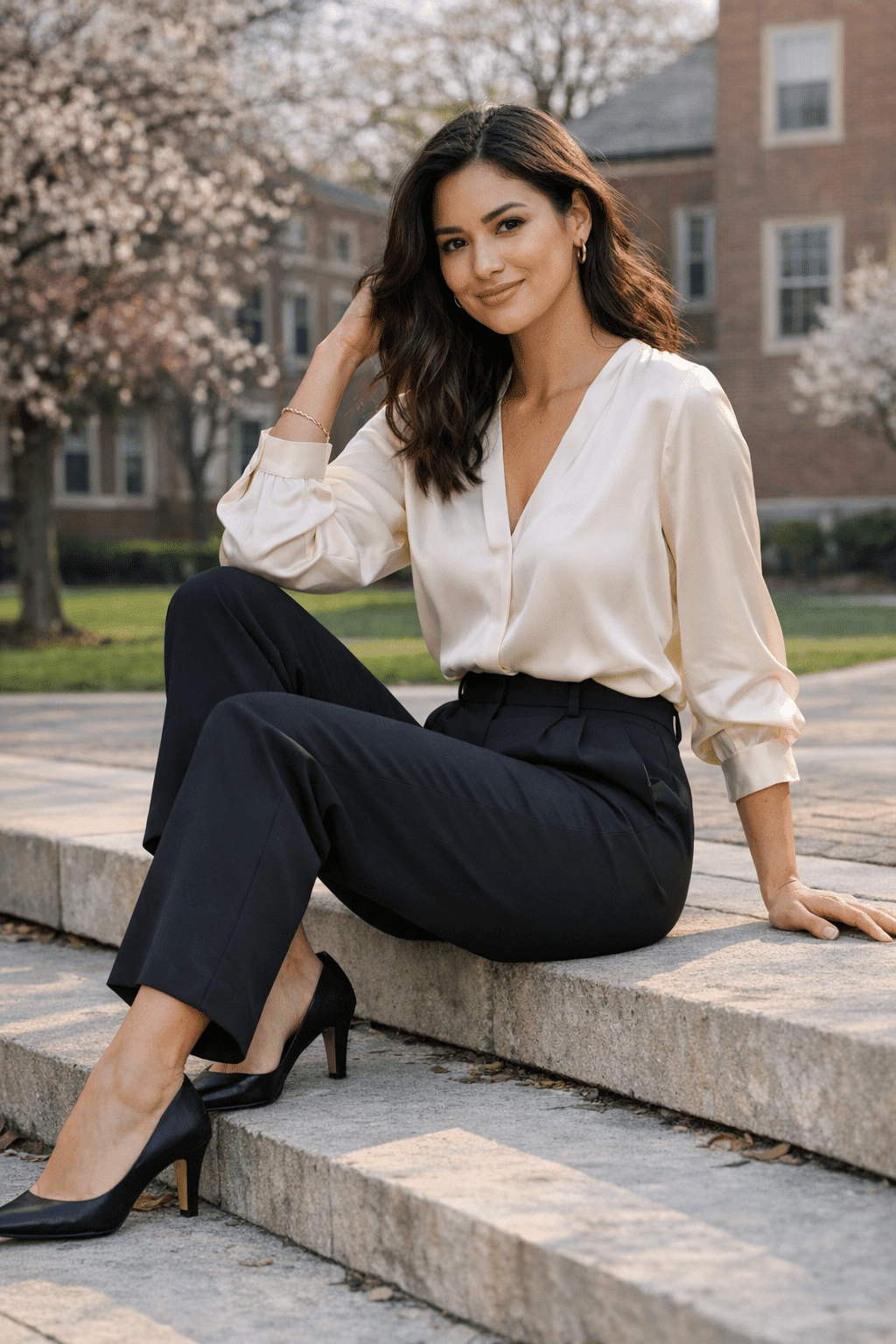 High-waisted trousers paired with a silk blouse, chic graduation outfits for women