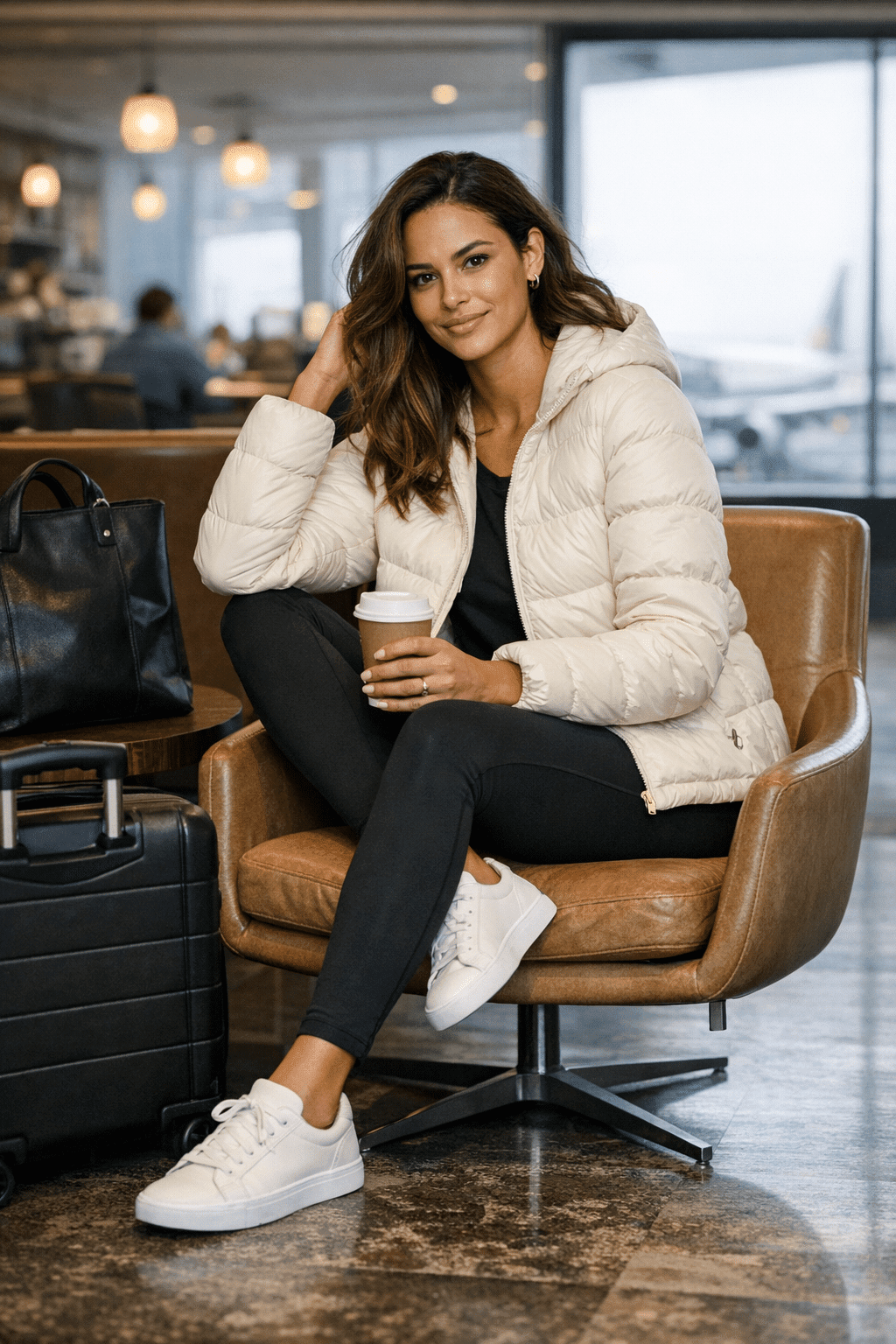 Lightweight puffer jacket with black leggings and sneakers, travel outfit ideas women love Lightweight puffer jacket with black leggings and sneakers, travel outfit ideas women love