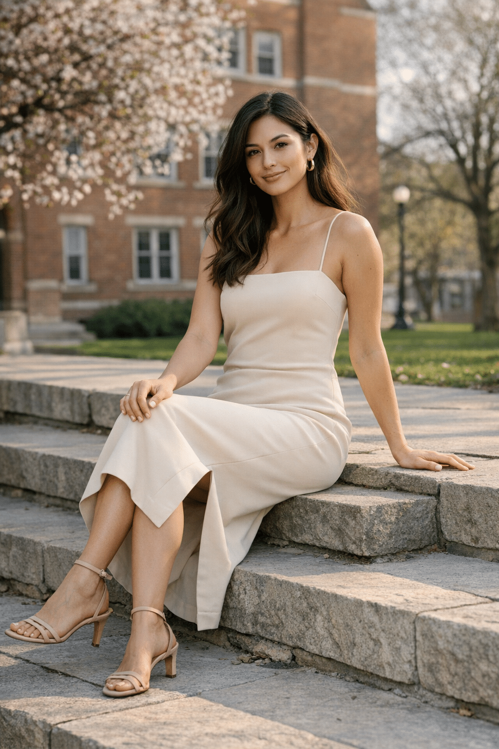 Minimalist neutral-tone column dress styled as chic graduation outfits for women