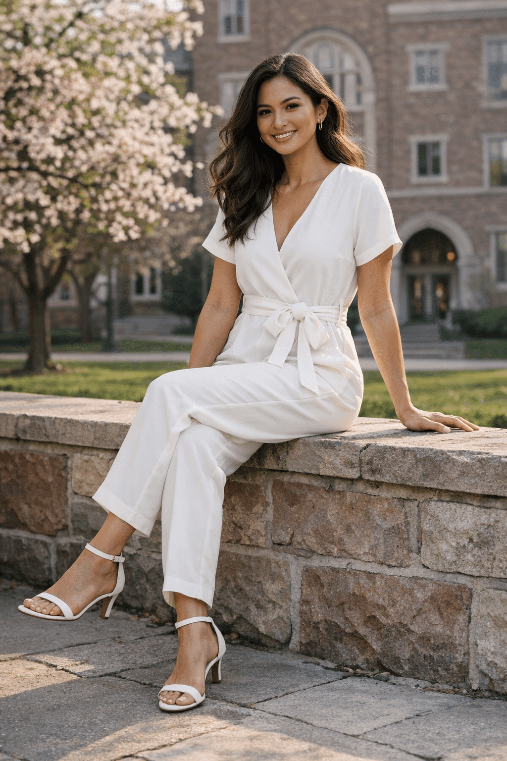Monochrome jumpsuit with waist tie styled as chic graduation outfits for women
