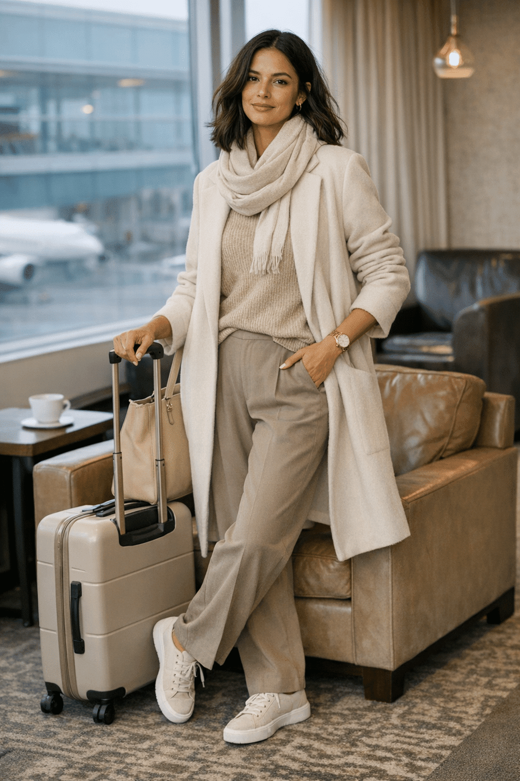 Monochrome neutral layered outfit with beige coat and knit set, chic travel outfit ideas women Monochrome neutral layered outfit with beige coat and knit set, chic travel outfit ideas women