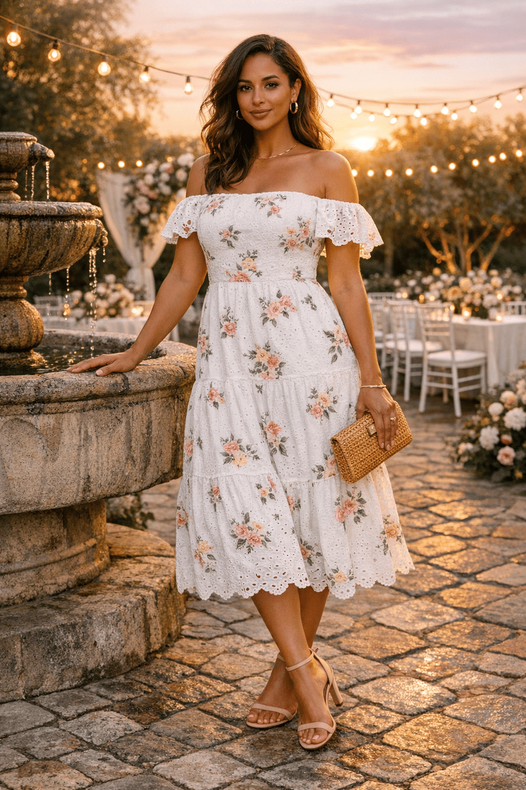 Off-shoulder white floral broderie anglaise midi dress, perfect for wedding guest outfits summer Off-shoulder white floral broderie anglaise midi dress, perfect for wedding guest outfits summer