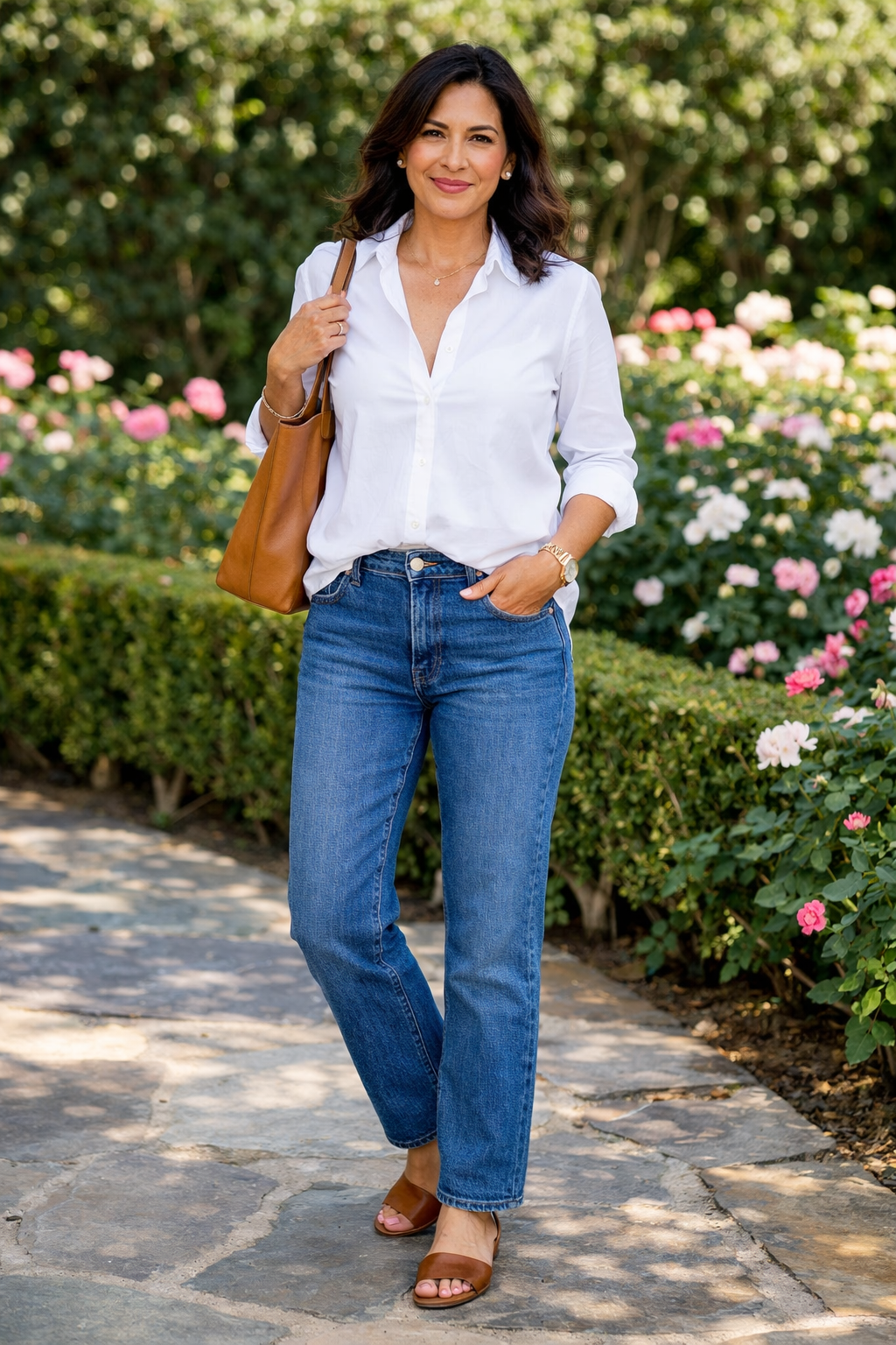 White button-down shirt styled with straight-leg jeans for summer outfits women over 40