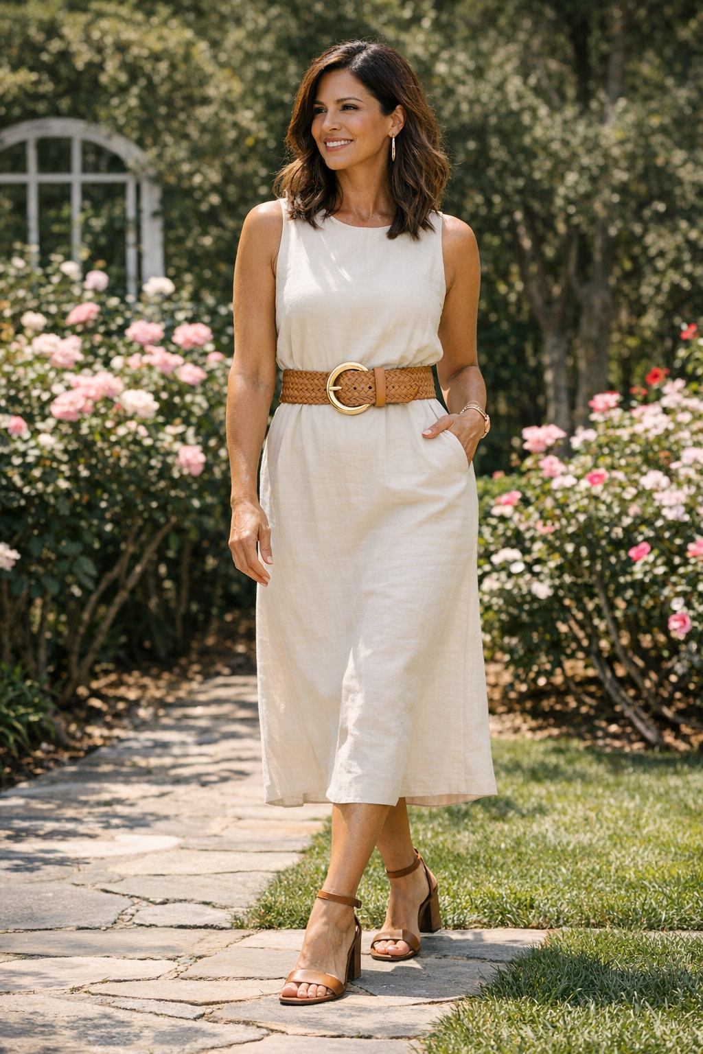 Sleeveless midi dress with statement belt styled for summer outfits women over 40