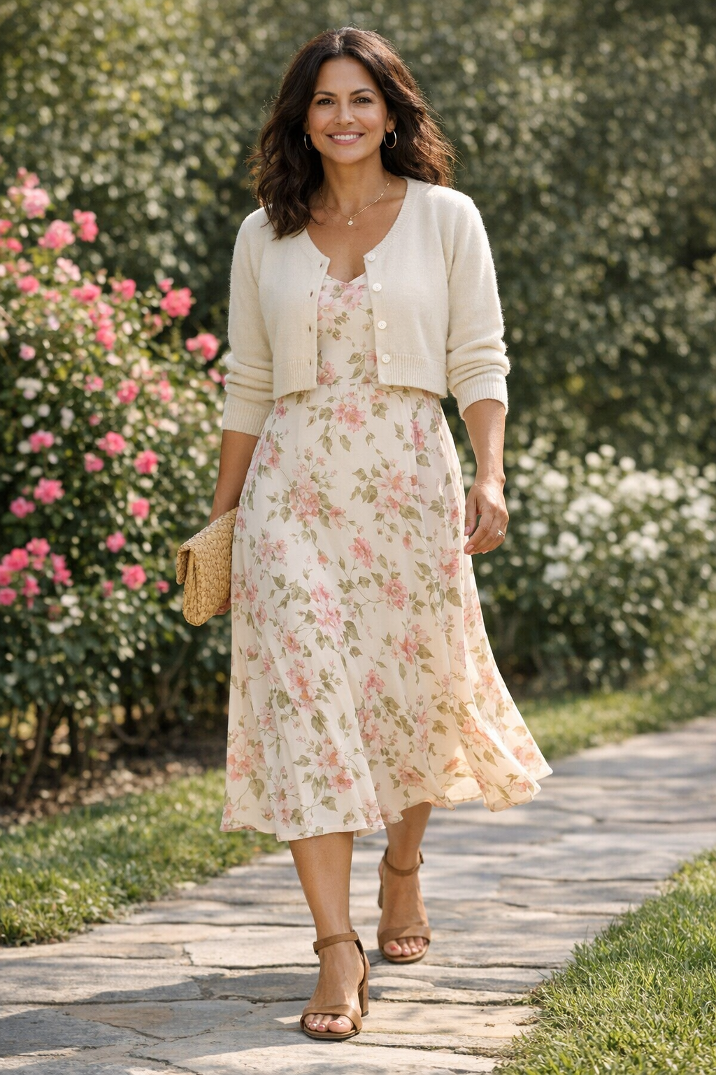 Cropped cardigan layered over flowy midi dress for summer outfits women over 40