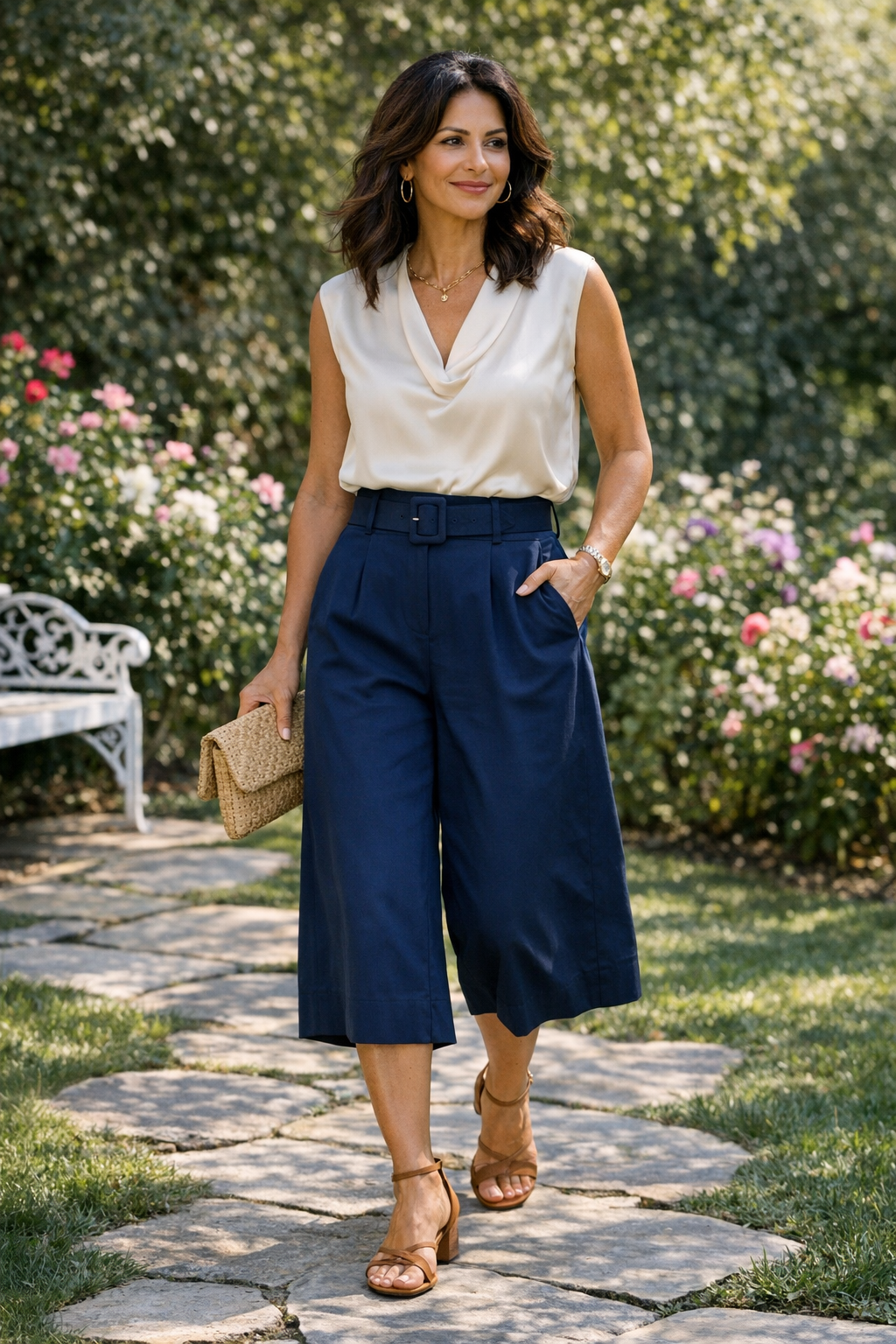 Chic high-waisted culottes paired with a silk blouse, perfect summer outfits women over 40