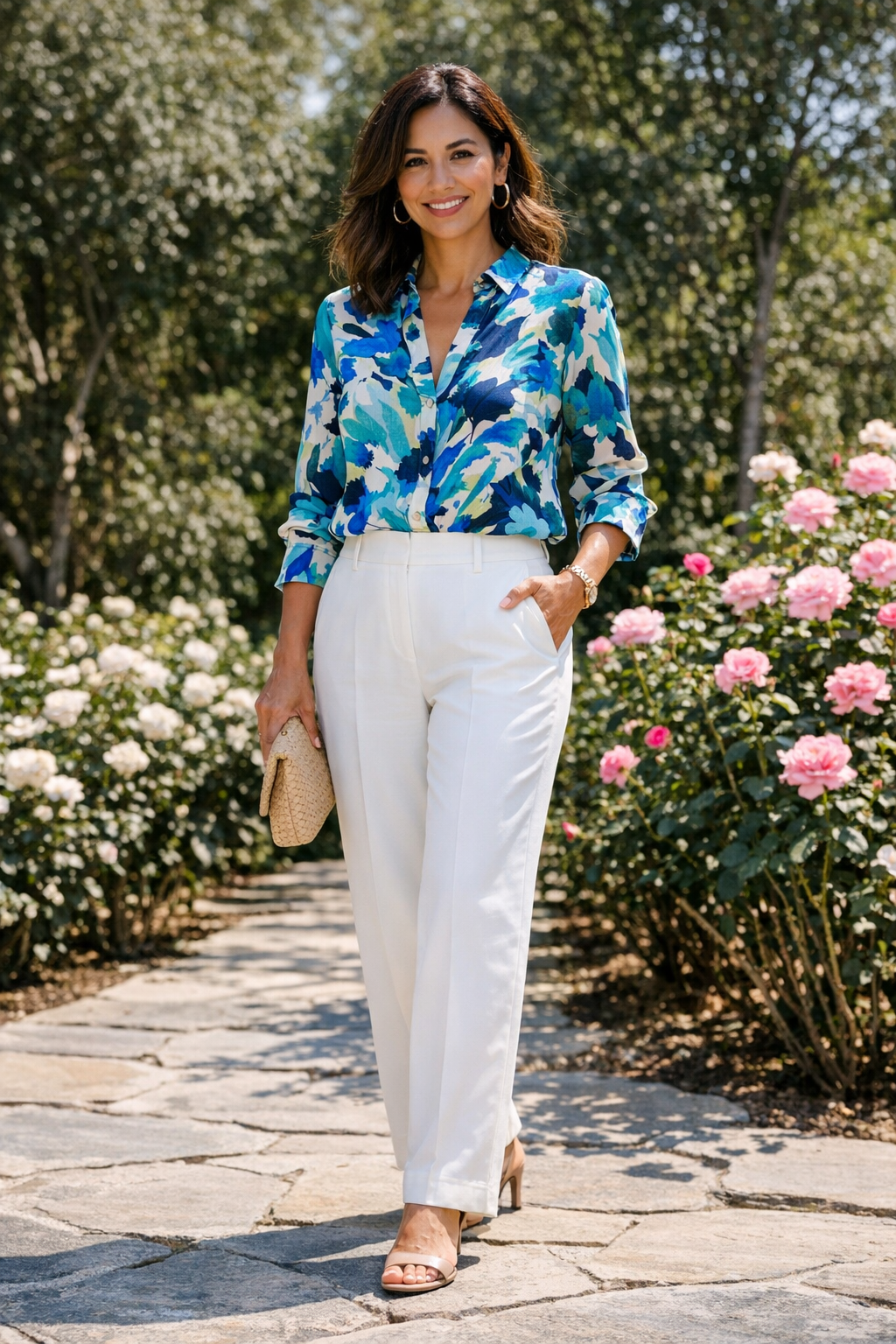 Tailored white pants with a lightweight printed blouse styled for summer outfits women over 40