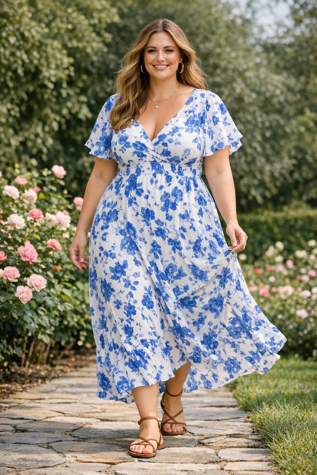 Breezy maxi dress with strappy sandals for plus size summer outfits women