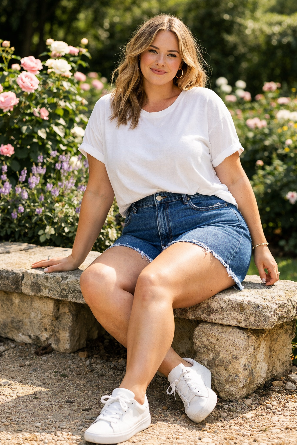 High-waisted denim shorts with relaxed tee styled for plus size summer outfits women