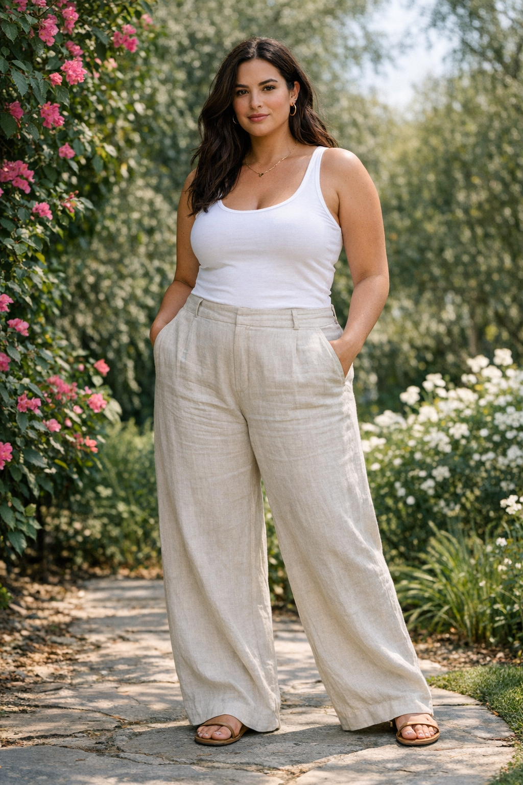 Plus size summer outfits women featuring linen wide-leg pants with a fitted tank for an airy, flattering look