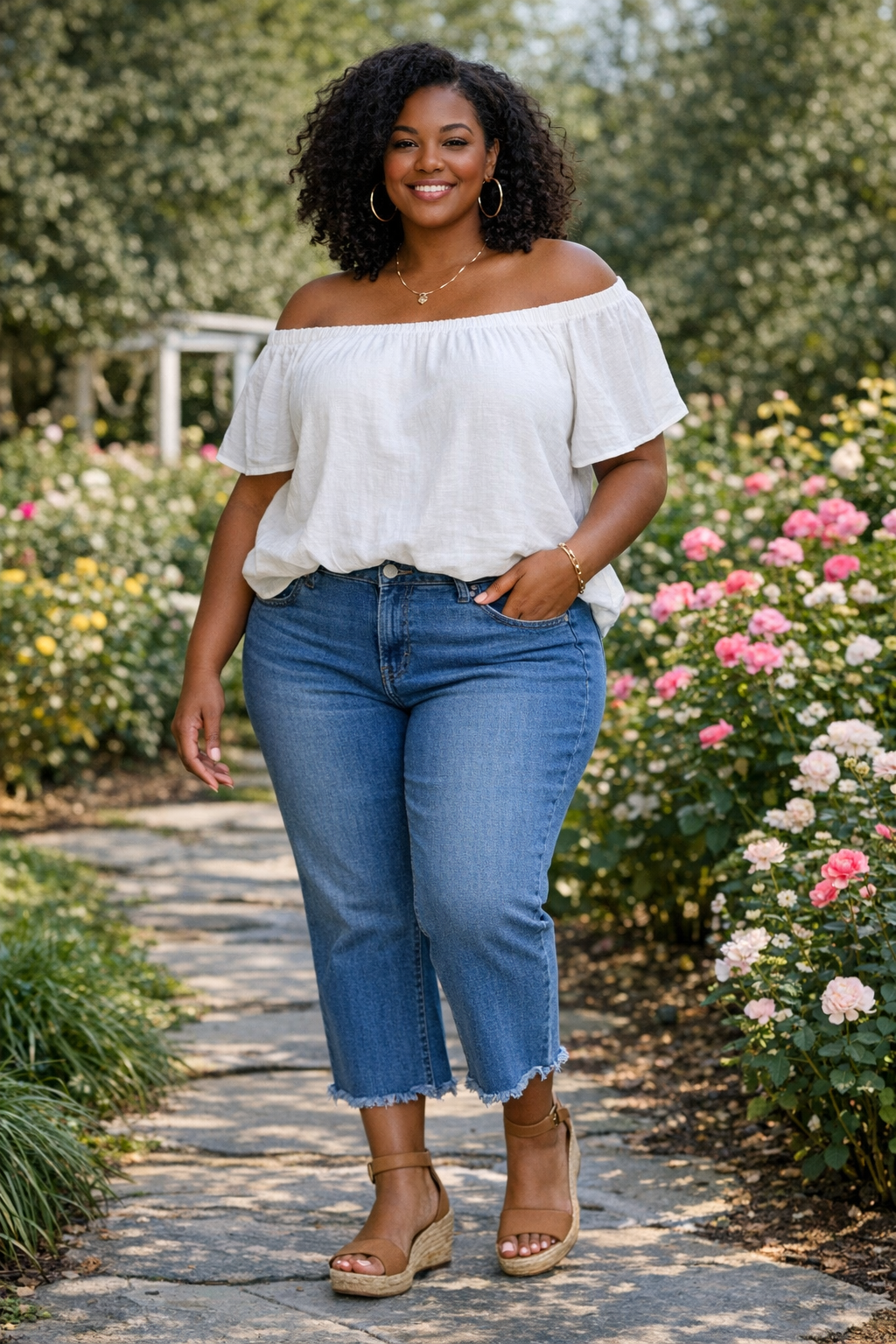 Off-the-shoulder top paired with cropped jeans for plus size summer outfits women love.