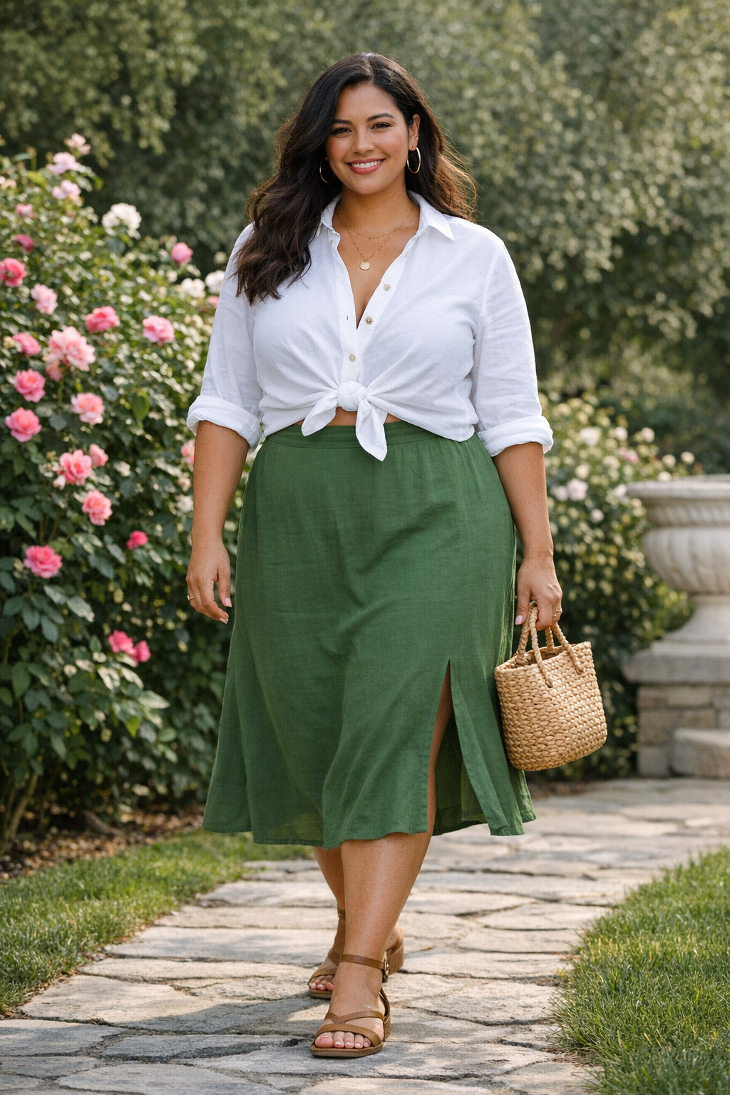 Midi skirt paired with knotted button-down, chic plus size summer outfits women inspiration