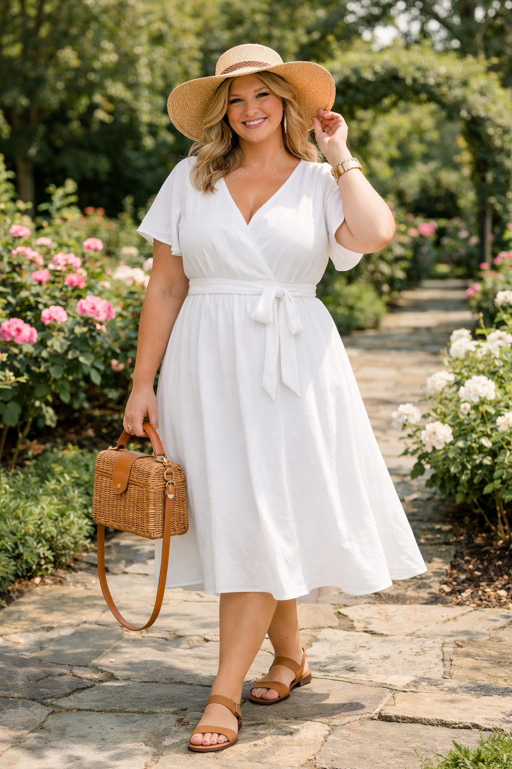 Classic white dress with tan sandals and tote styled for plus size summer outfits women