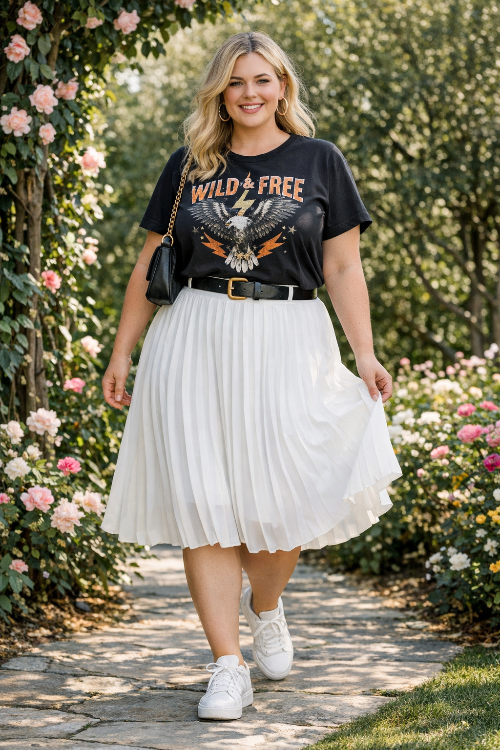 Graphic tee paired with flowy pleated skirt, chic plus size summer outfits women inspiration