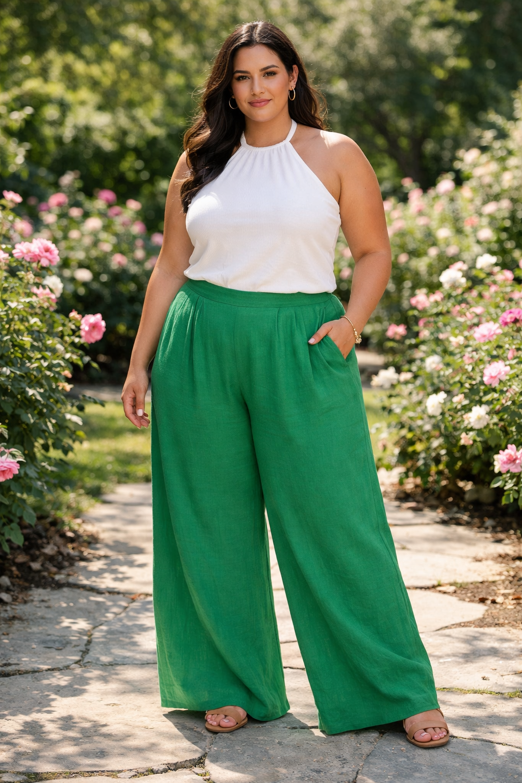 Plus size summer outfits women featuring flowy palazzo pants and a chic halter top for warm weather style