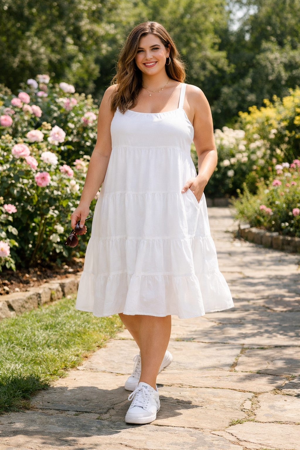 Tiered sundress styled with white sneakers for plus size summer outfits women
