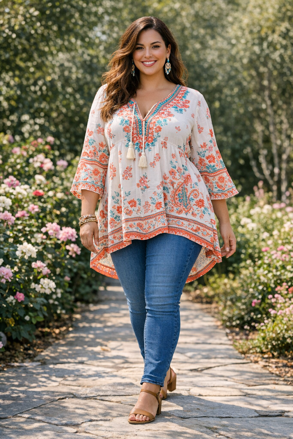 Boho tunic paired with skinny jeans for plus size summer outfits women, breezy and flattering style