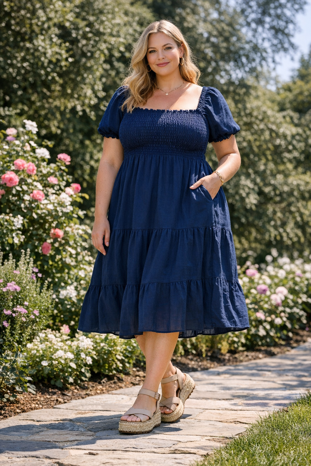 Smocked dress styled with platform sandals for plus size summer outfits women