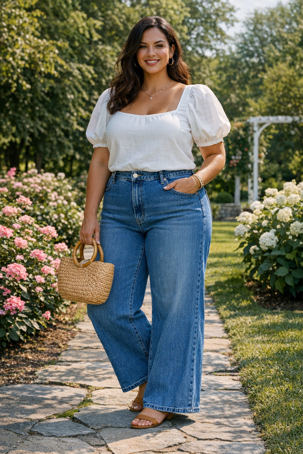 Plus size summer outfits women with wide-leg jeans and a puff-sleeve top for an airy look