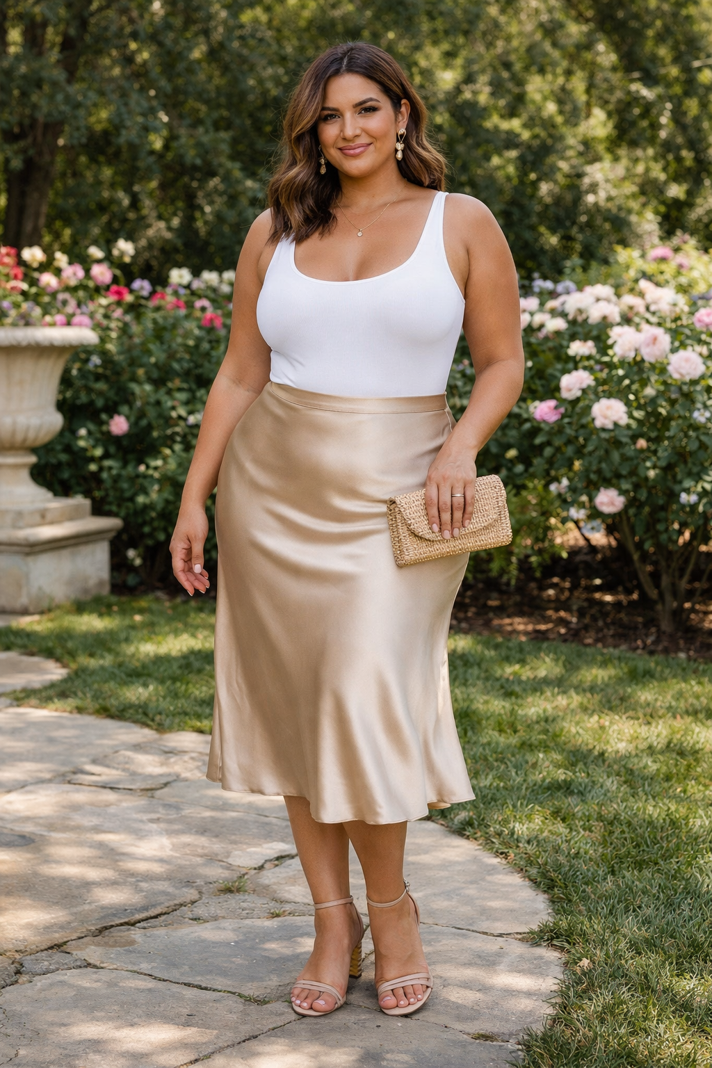Satin midi skirt styled with fitted tank bodysuit for plus size summer outfits women chic look