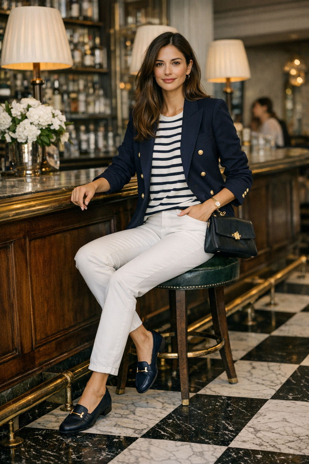 Navy blazer over Breton striped top styled for old money outfit ideas women