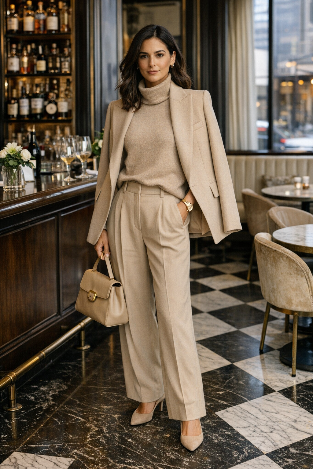 Monochrome beige blazer and tailored trousers styled with loafers, old money outfit ideas women inspiration
