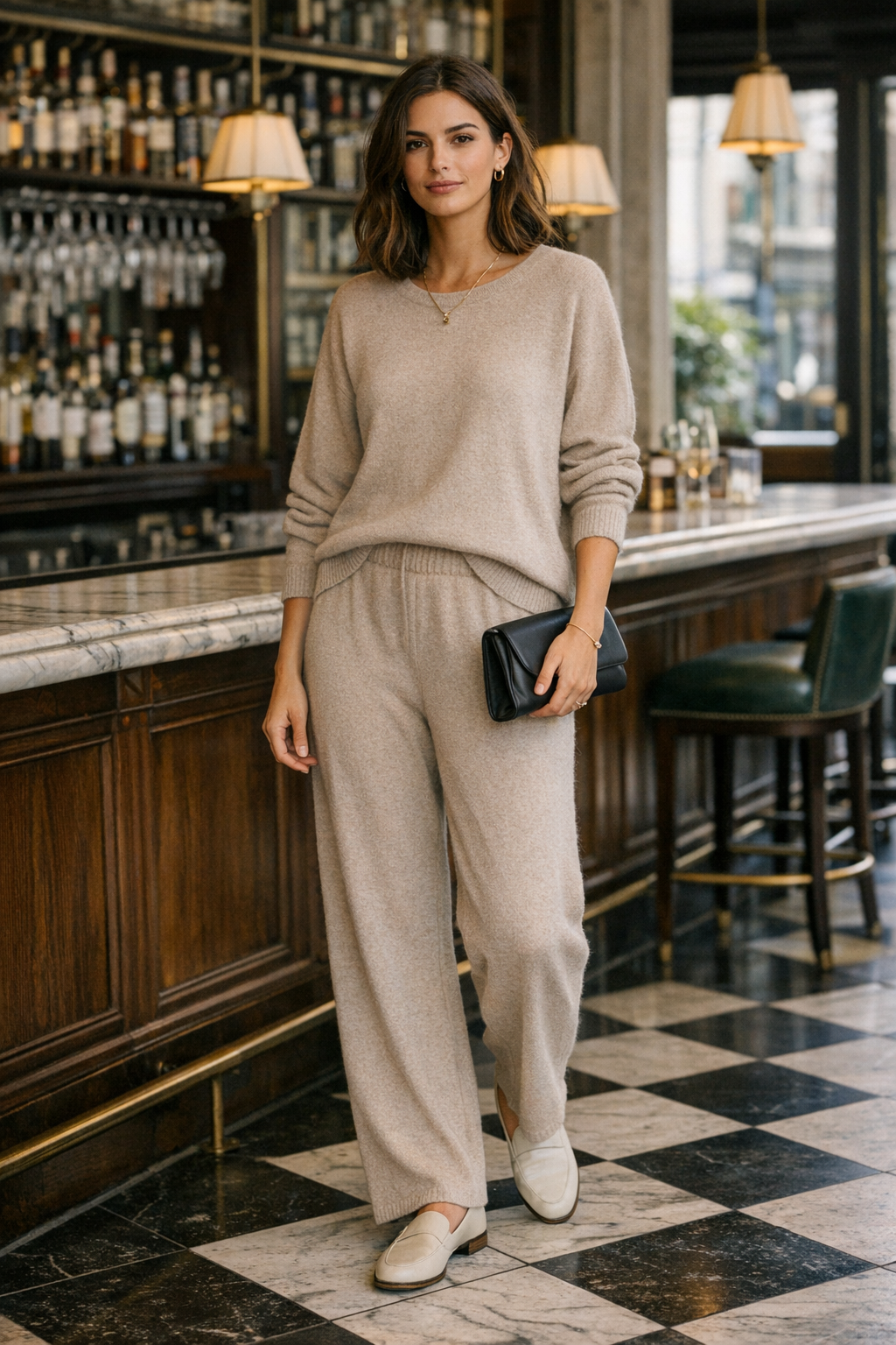 Cashmere set with minimal gold jewelry, timeless neutral tones, old money outfit ideas women style