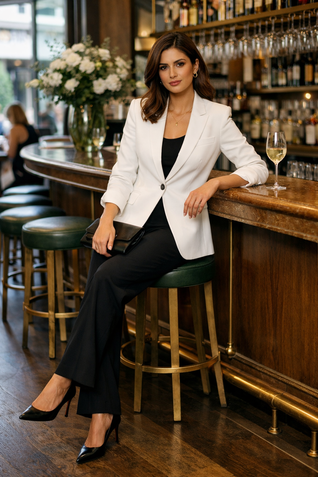 White blazer with tailored black trousers, classic minimalist look for old money outfit ideas women