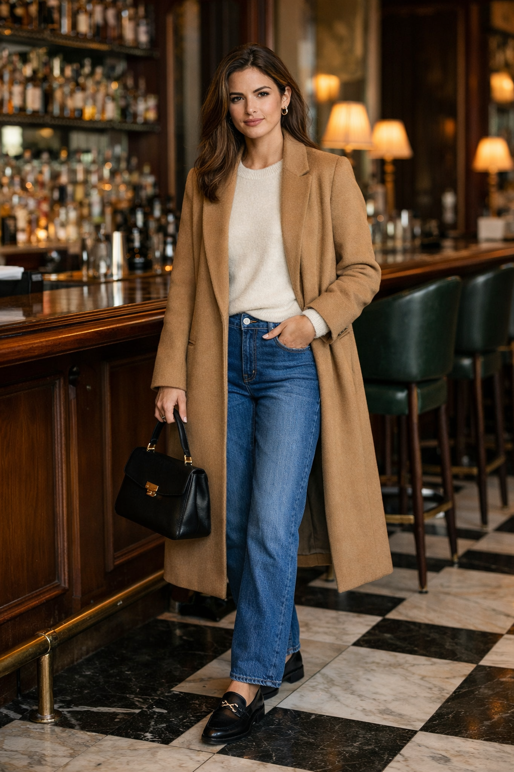 Long wool coat styled with straight jeans for timeless old money outfit ideas women