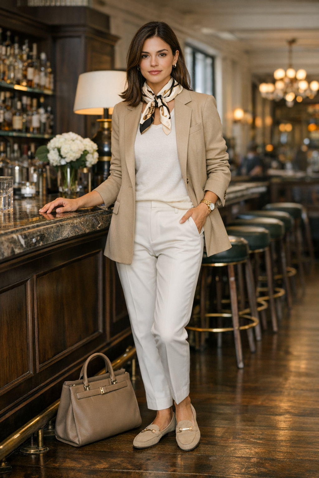Silk scarf styled with neutral blazer and trousers, old money outfit ideas women aesthetic