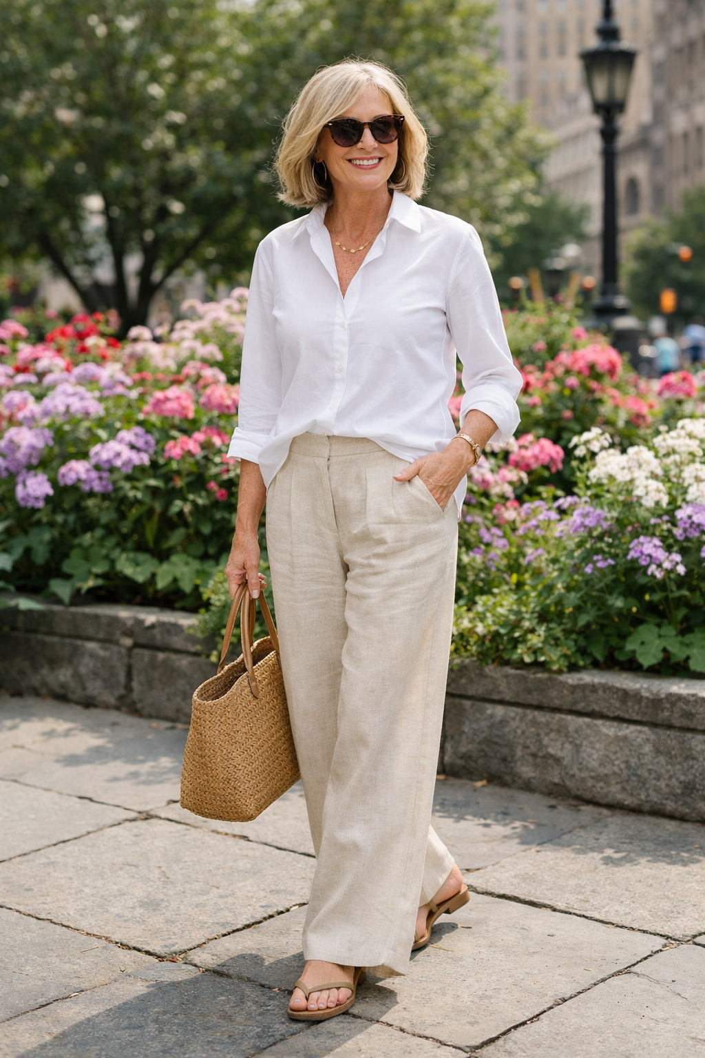 Crisp white button-down and linen trousers styled for summer outfits women over 50