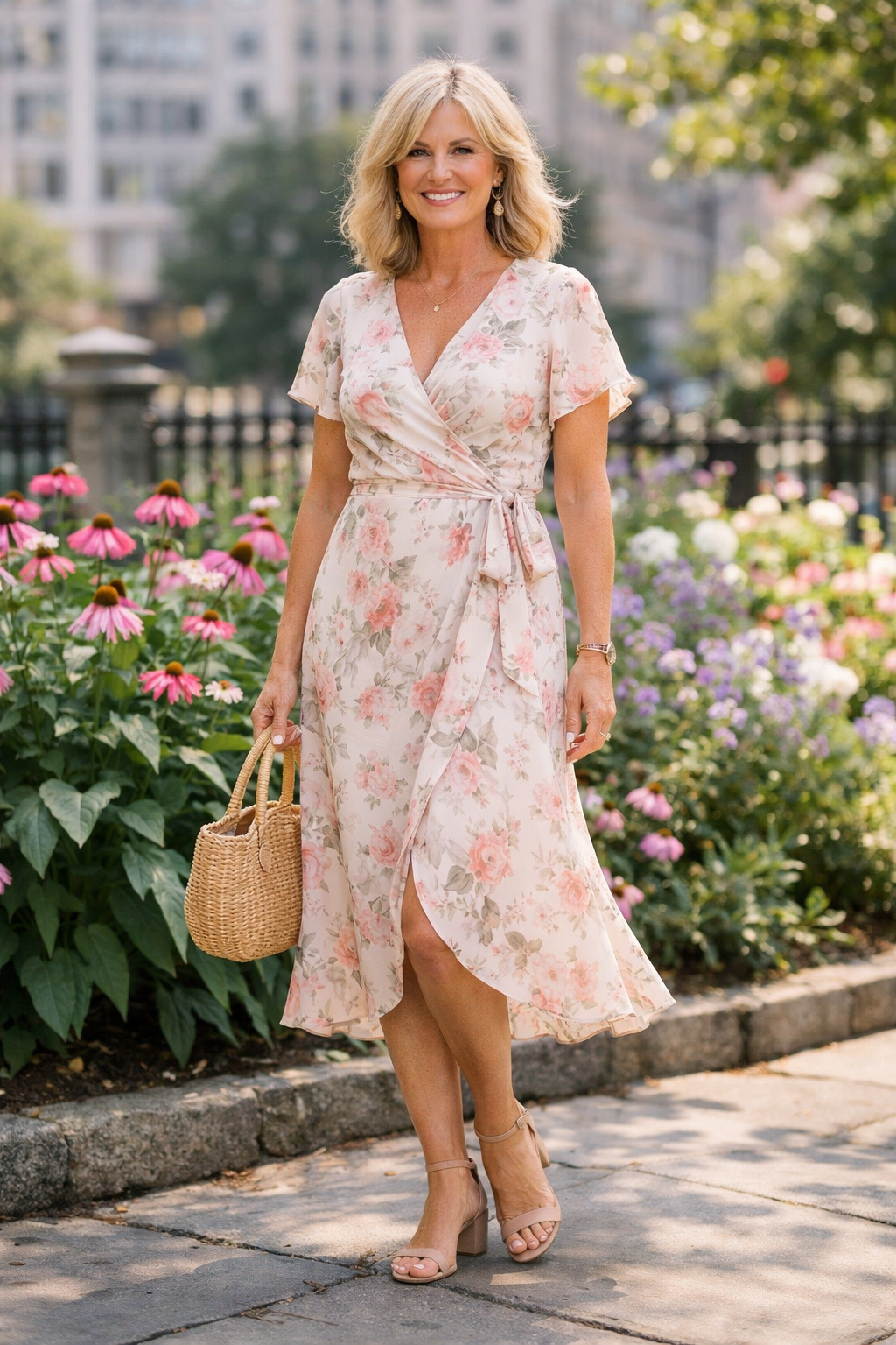 Midi wrap dress in soft floral print, flattering and breezy for summer outfits women over 50