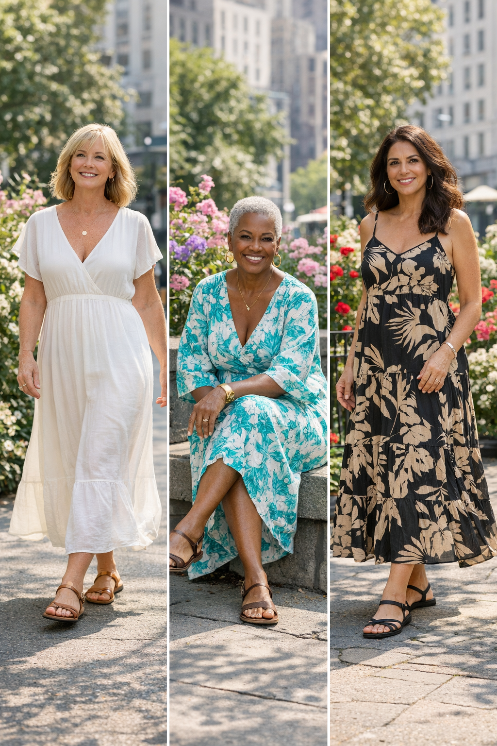 Lightweight maxi dress paired with flat sandals, ideal summer outfits women over 50 for effortless style