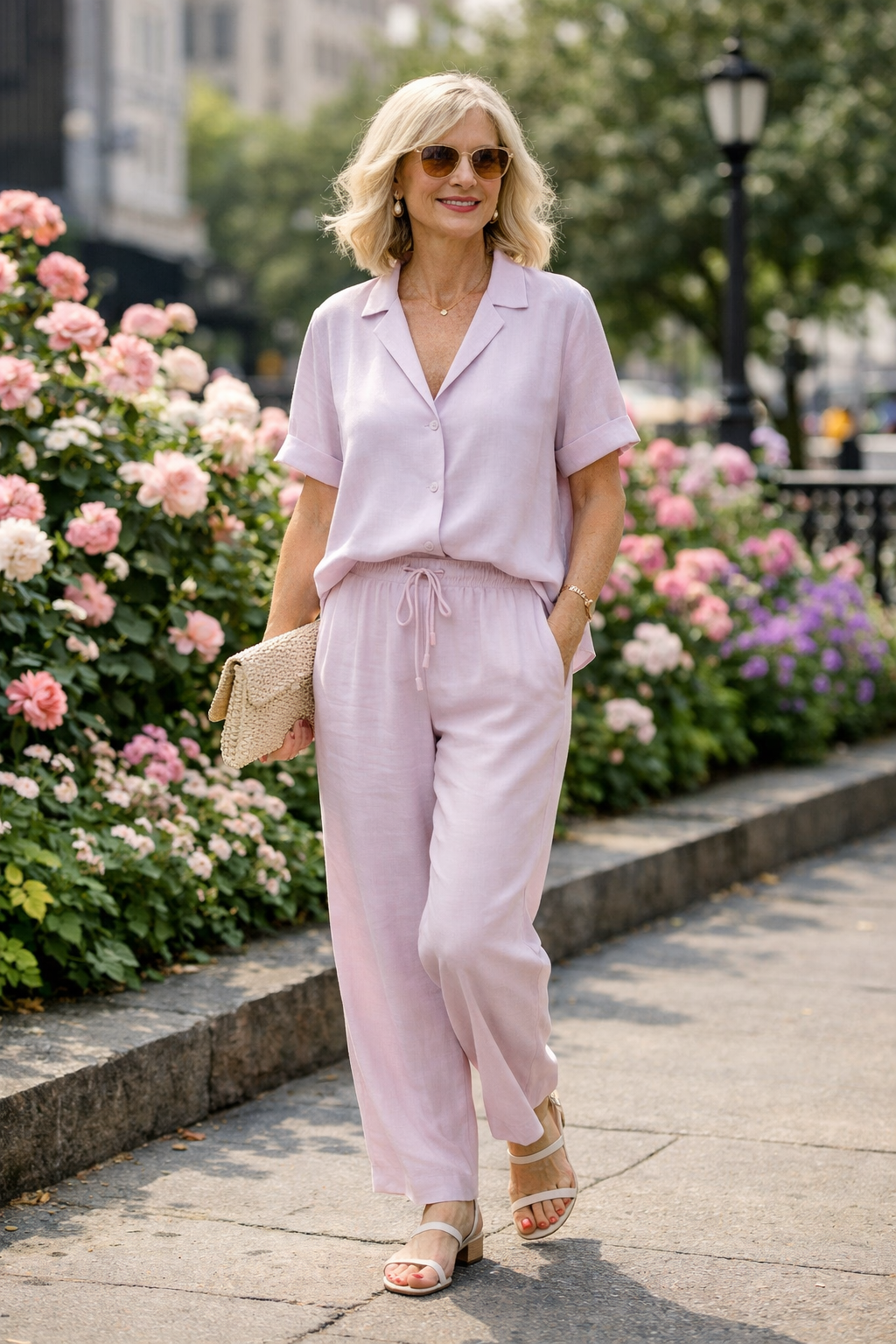 Soft pastel coordinated set with lightweight blouse and tailored shorts, ideal for summer outfits women over 50