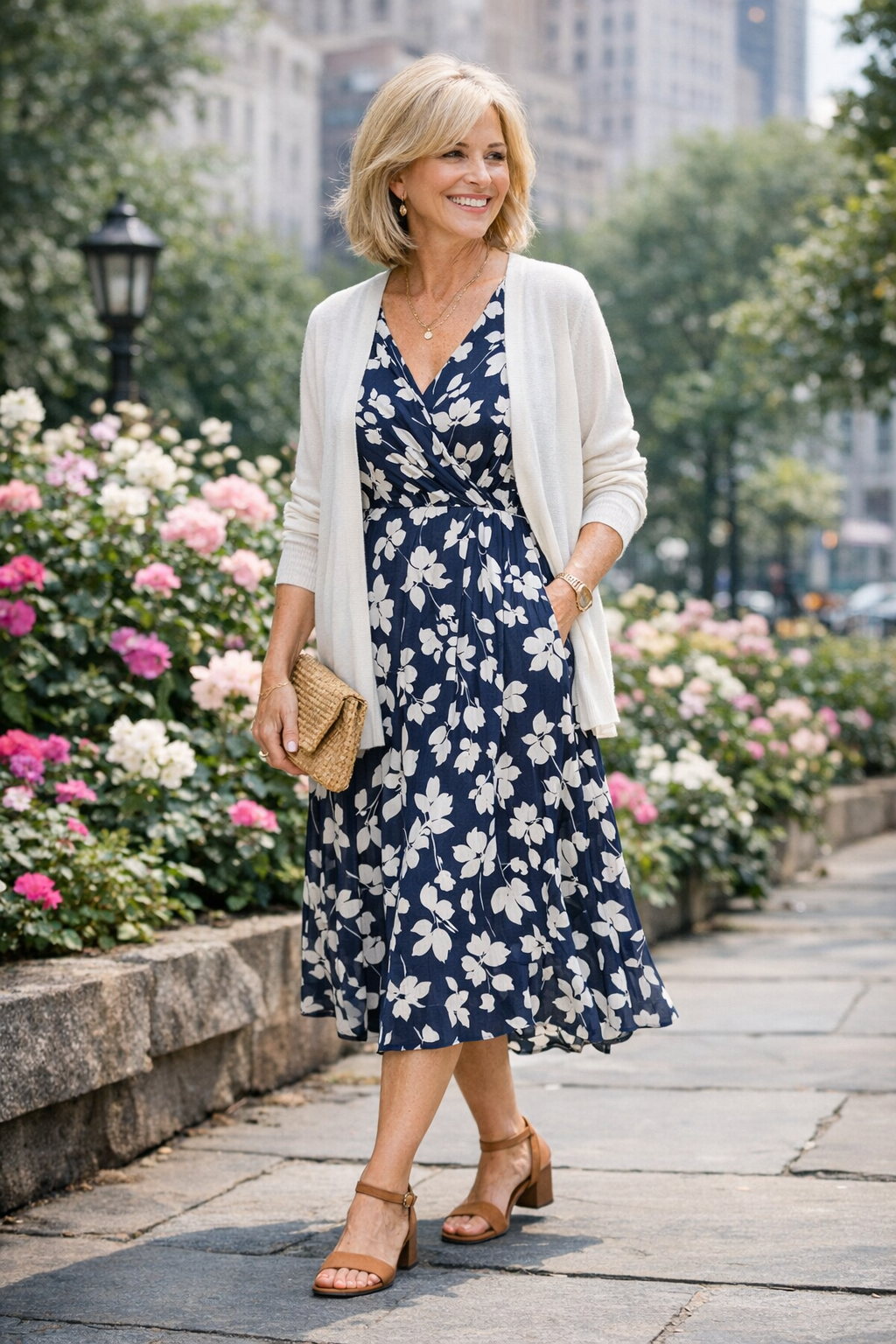 Lightweight cardigan layered over a flowy midi dress for summer outfits women over 50