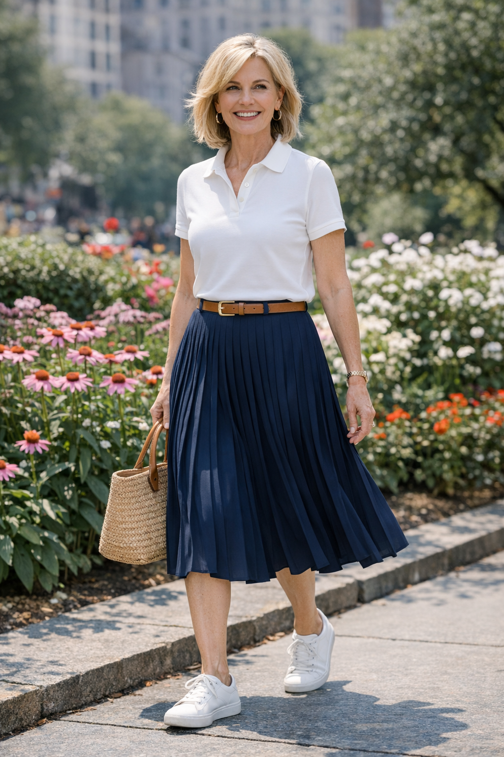 Classic polo shirt and pleated skirt styled for summer outfits women over 50