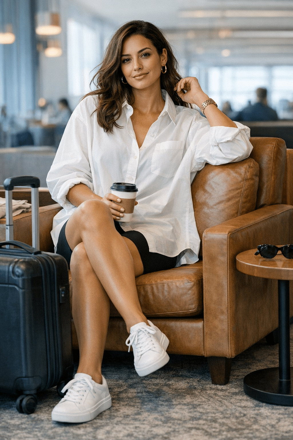 Oversized button-down shirt paired with biker shorts, comfy chic travel outfit ideas women love Oversized button-down shirt paired with biker shorts, comfy chic travel outfit ideas women love