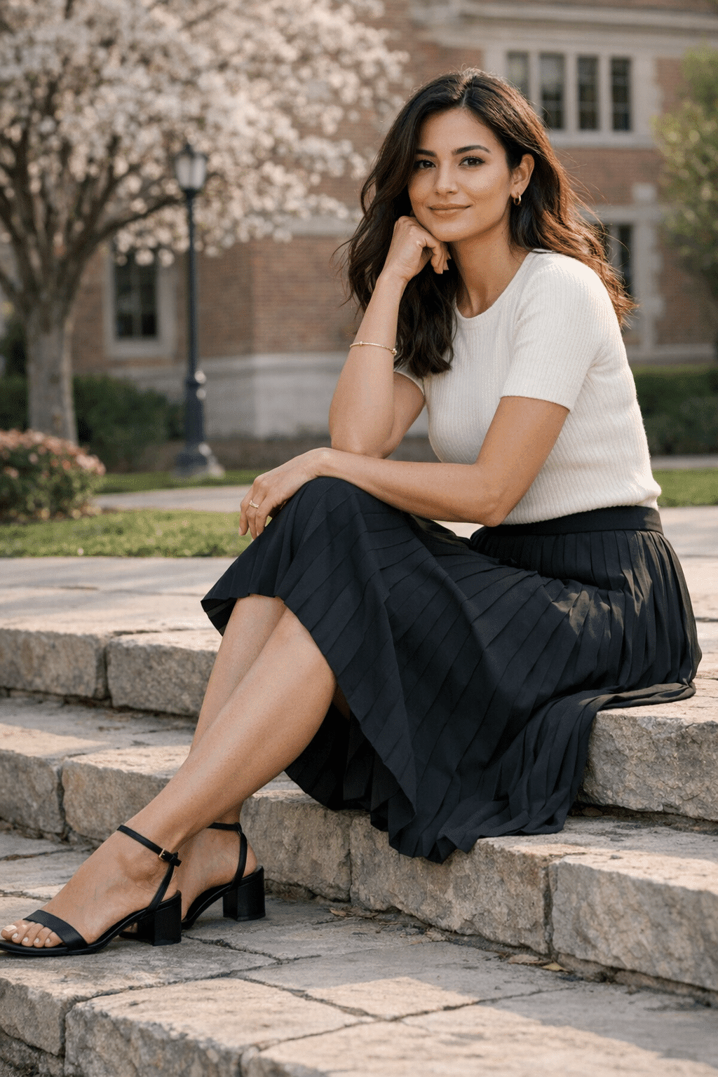 Pleated midi skirt with fitted knit top, chic and polished graduation outfits for women