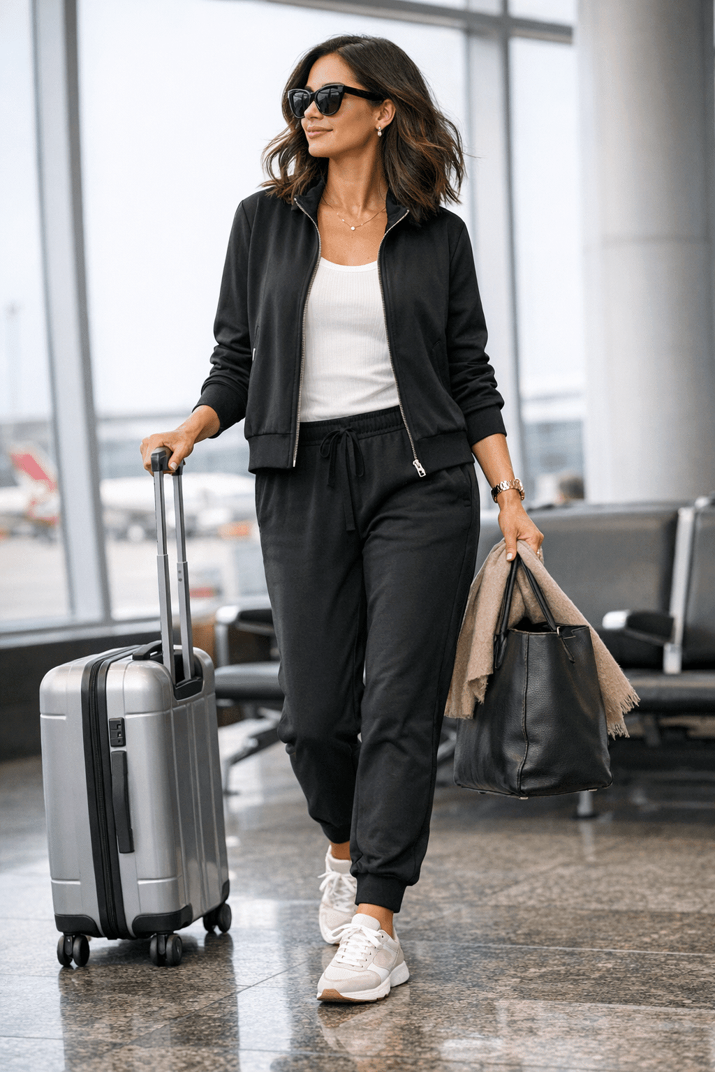 Polished airport athleisure with tailored joggers, blazer and sneakers – travel outfit ideas women love Polished airport athleisure with tailored joggers, blazer and sneakers – travel outfit ideas women love