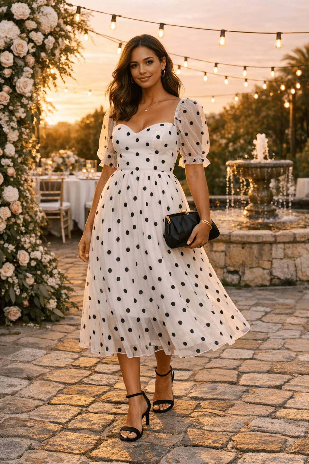 Polka-dot organza tea-length dress with sheer sleeves, perfect for wedding guest outfits summer Polka-dot organza tea-length dress with sheer sleeves, perfect for wedding guest outfits summer