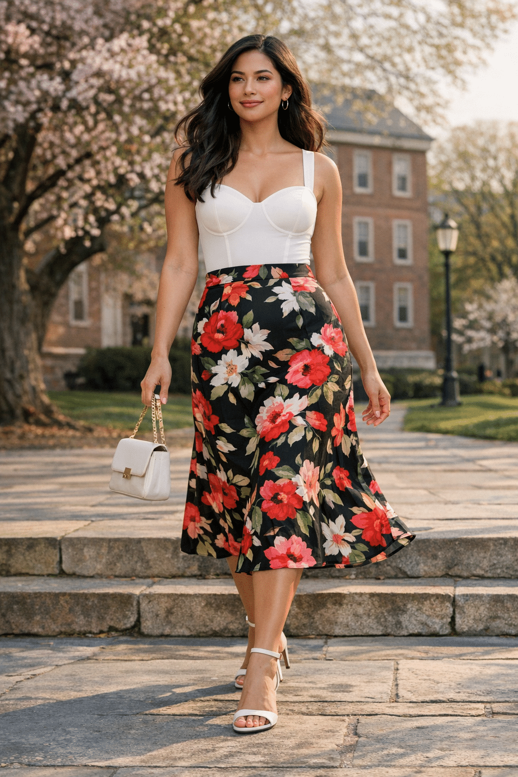 Printed midi skirt with structured bodysuit, chic graduation outfits for women